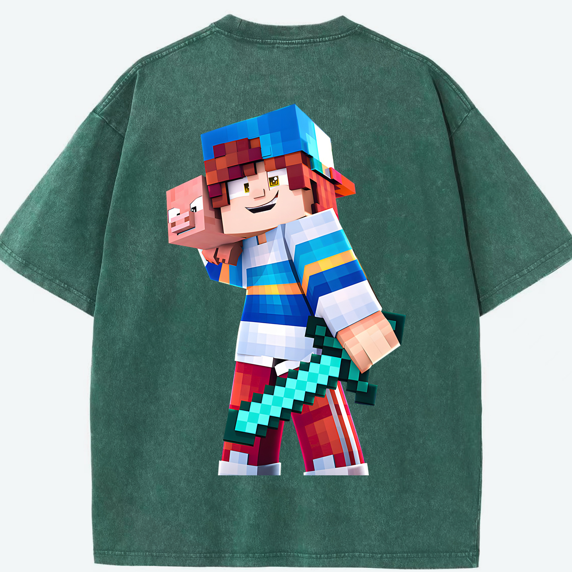 （画像用） マインクラフト ブロックの世界 Minecraft MC Block world 綿100% ヴィンテージ風 半袖Tシャツ（背面プリント）